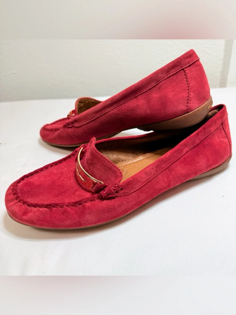 Coach Hot Pink Suede Driving Loafers Gold Logo Flats Womens 10 - Picture 12 of 14